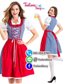 ชุดแฟนซีบาวาเรีย ชุดสาวเชียร์เบียร์ Oktoberfest ชุดสาวเสริฟ ชุดเทศกาลเบียร์ ชุดอ็อคโทเบอร์เฟส เยอร์มันคันทรีเสื้อตาสก็อตน้ำเงินผ้ากันเปื้อนแดง