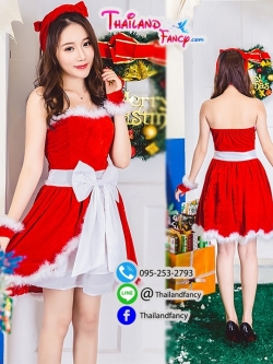 ชุดซานต้าครอส ชุดคอสเพลย์แซนตี้ ชุดคริสต์มาสผู้หญิง ชุดแซนตี้ผู้หญิง ชุดซานตารีน่า ชุดแฟนซีปาร์ตี้ปีใหม่ เดรสสั้นเกาะอกแต่งโบว์ขาวที่เอว