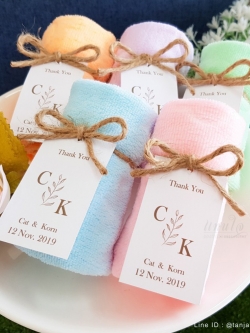 ของชำร่วยแต่งงาน ผ้าลายหมีพร้อมหูหิ้ว สีพาสเทล ป้ายชื่อผูกโบว์เชือกป่าน 💕เริ่มต้น 13 บาท💕 ผ้าขนาด 30x30 cm