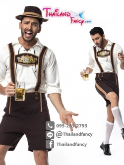 ชุดเทศกาลเบียร์ผู้ใหญ่ ชุดบาวาเรียชาย ชุดเชียร์เบียร์ ชุดอ๊อกโทเบอร์เฟสต์ ชุดแฟนซีผู้ชาย เสื้อขาว กางเกงเอี๊ยมน้ำตาลเข้ม
