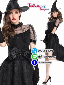 ชุดแฟนซีแม่มดผู้ใหญ่ ชุดคอสเพลย์ฮาโลวีนผู้หญิง Halloween Cosplay ชุดแม่มดผีซอมบี้ ชุดแม่มดสีดำผสมซีทรู พร้อมหมวกและถุงมือ