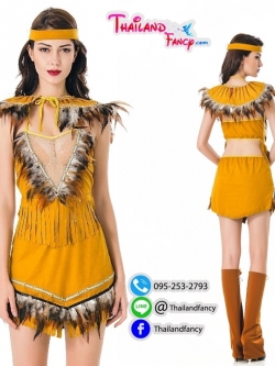 ชุดแฟนซีโบฮีเมียน ขุดอินเดียแดงหญิง ชุดคอสเพลย์ ชุดอินเดียน่าเกิร์ล ชุดแฟนซีหญิงมนุษย์หิน สาวยิปซี ชนเผ่า ขุดสีน้ำตาลทองแต่งขนนกลายสีดำน้ำตาล