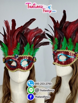 อุปกรณ์คริสต์มาส อุปกรณืแฟนซี หน้ากากแฟนซี หน้ากากขนนก หน้ากากปาร์ตี้ปีใหม่ หน้ากากอินเดียแดง หน้ากากสีแดงแซมเขียวแต่งเกร็ด