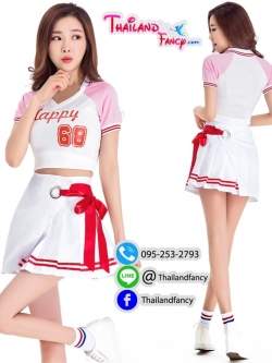 ุชุดแฟนซี ชุดคอสเพลย์เชียร์กีฬา ชุดปอมปอมเชียร์ Cheerleader ชุดเชียร์ลีดเดอร์ สีขาวแขนชมพูโปรงจีบผูกโบว์แดง ชุดปาตี้ปีใหม่ ปาตี้ต้อนรับปีใหม่