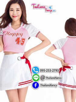 ชุดแฟนซีปอมปอม ชุดเชียร์ลีดเดอร์ ชุดเชียร์กีฬาสี Cheerleader Cosplay ชุดปอมปอมเชียร์กีฬา ชุดปาร์ตี้บริษัท ชุดกีฬาสีออฟฟิศ เสื้อสีชมพู แขนสีขาว กระโปรงผูกโบว์แดง