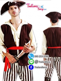 ชุดแฟนซีผู้ใหญ่ ชุดคอสเพลย์โจรสลัด Pirate Cosplay ชุดกัปตันแจ๊คสแปร์โรว์ ชุดโจรสลัดผู้ชายสีน้ำตาลกางเกงลายทางพร้อมหมวก