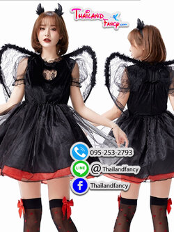 ชุดแฟนซีเดวิล ชุดคอสเพลย์ปีศาจสาว Cosplay Halloween ชุดซาตานหญิง ชุดแวมไพร์ซอมบี้ ชุดราชินีเดวิลเดรสสั้นพร้อมปีกหลังลูกไม้