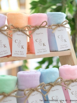 ของชำร่วยแต่งงาน ผ้าลายหมีพร้อมหูหิ้ว สีพาสเทล ป้ายชื่อผูกโบว์เชือกป่าน 💕เริ่มต้น 13 บาท💕 ผ้าขนาด 30x30 cm