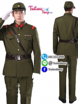 ชุดเช่าแฟนซีผู้ชาย ชุดเช่าทหารญี่ปุ่น ชุดนักรบชาย ชุดโกโบริ ชุดทหารสงครามโลก ชุดเช่านายทหารสีเขียวขี้ม้าแต่งแถบแดง