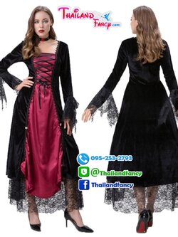 ชุดแฟนซีแม่มดสีแดงดำ Witch Cosplay ชุดแม่มดฮาโลวีน2022 ชุดผีสาวซอมบี้ ชุดสาวไสยเวทย์ ชุดแวมไพร์สาวสีแดงดำแต่งลูกไม้ปลายแขน