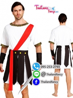ชุดแฟนซีชาย Cosplay Spartan เทพเจ้ากรีก ชุดนักรบโบราณ ชุดกรีกโรมันชาย เดรสขาวแต่งหนังน้ำตาลพร้อมอุปกรณ์ชุด