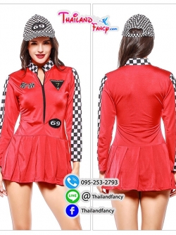 ชุดพริ้ตตี้ Pretty Motor Show Cosplay ชุดสาวไบค์เกอร์ ชุดสาวมอเตอร์โชว์ ชุดเชียร์รถแข่ง ชุดคอสเพลย์รถแข่ง ชุดแฟนซีสาวนักแข่งรถเดรสกระโปรงสีแดง
