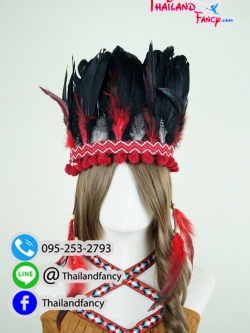 อุปกรณืแฟนซี หัวขนนกแฟนซี หัวอินเดียแดงแฟนซี หัวชนเผ่าขนนก คาดหัวอินเดียแดง หัวขนนกโบฮีเมี่ยน หมวกอินเดียแดงขนนกสีดำแดงแต่งพู่แบบวงกลม