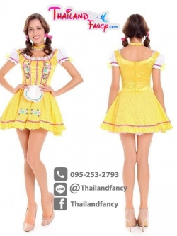 ชุดแฟนซีแม่บ้าน ชุดสาวเสริฟ ชุดบาวาเรีย ชุดเทศกาลเบียร์ ชุดโบฮีเมียนสีเหลืองแต่งลายแขนตุ๊กตาผ้ากันเปื้อนสีขาว