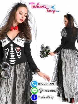 ชุดเช่าแฟนซีผู้หญิง ชุดซอมบี้ ชุดผีเจ้าสาว Halloween Costume ชุดเจ้าสาวผีกระดูก ชุดผีเจ้าสาวซอมบี้สีขาว-ดำแต่งลายกระดูกพร้อมเวลคลุมผม