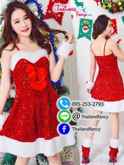 ชุดคอสเพลย์แซนตี้ ชุดคริสต์มาสผู้หญิง ชุดซานต้าผู้หญิง ชุดแฟนซีปีใหม่ ชุดซานตารีน่า ชุดซานตี้เดรสสั้นสายเดี่ยวขาวแดงผ้าวิ๊งค์