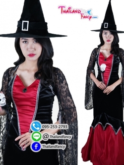ชุดเช่าแฟนซีผู้หญิง ชุดเช่าแม่มดผู้หญิง ชุดนักเวทย์ผูหญิง ชุดแม่มดฮาโลวีน ชุดแม่มดซอมบี้ ชุดเดวิลผีดิบ ชุดราชินีแม่มด เดรสดำแดงโปรงทรงเมอเมด