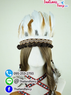 อุปกรณืแฟนซี หัวขนนกแฟนซี หัวขนนกอินเดียแดง หัวชนเผ่าแฟนซี คาดหัวอินเดียแดง หัวขนนกโบฮีเมี่ยน หมวกอินเดียแดงขนนกสีขาวน้ำตาลแต่งพู่แบบวงกลม