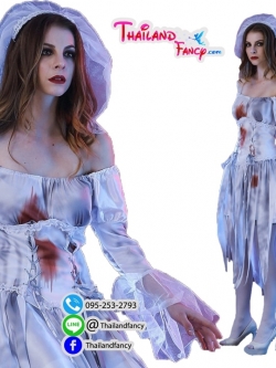 ชุดแฟนซีผีซอมบี้ ชุดคอสเพลย์เจ้าสาวผี ชุดเจ้าสาวผีซอมบี้ ชุดฮาโลวีน Halloween ชุดแฟนซีไนท์ ชุดเจ้าสาวผีขาวเทา พร้อมเน็ทหัวเจ้าสาว