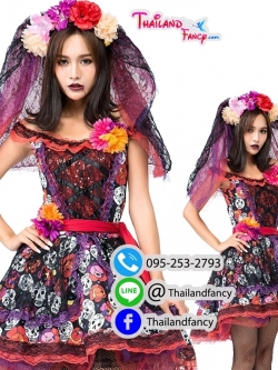 Zombie Cosplay ชุดฮาโลวีนผีเจ้าสาว ชุดผีซอมบี้ ชุดเจ้าสาวผีสีแซ่บ เดรสโปรงฟูลายหัวกระโหลกพร้อมเวลคลุมเจ้าสาว