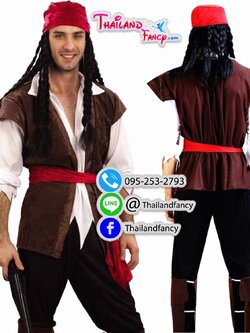ชุดแฟนซีผู้ใหญ่ ชุดคอสเพลย์โจรสลัดผู้ชาย Pirate Cosplay ชุดกัปตันแจ๊คสแปร์โรว์ ชุดโจรสลัดชายสีน้ำตาลกางเกงดำพร้อมหมวกคลุมผมแดง