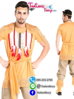 ชุดเช่าแฟนซีผู้ชาย ชุดอินเดียแดงผู้ชาย Cosplay ชุดชนเผ่า ชุดคนป่า ชุดคาวบอย ชุดเช่าอินเดียนชาย ชุดสีน้ำตาลส้มแต่งพู่พร้อมถุงขา
