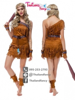 ชุดโบฮีเมียน ชุดคอสเพลย์ ชุดอินเดียน่าเกิร์ล ชุดอินเดียแดงหญิง ชุดแฟนซีหญิงมนุษย์ถ้ำ มนุษย์หิน ชนเผ่า เดรสสีน้ำตาลแขนเดี่ยวแต่งพู่ทั้งชุด