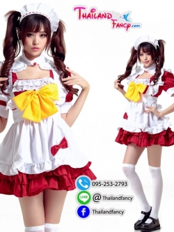 ชุดแฟนซีการ์ตูน ชุดแม่บ้าน ชุดเมดญี่ปุ่น Maid Cosplay ชุดสาวเสิร์ฟ ชุดแม่บ้านคอสเพลย์ เดรสแดงผ้ากันเปื้อนขาวโบว์เหลือง