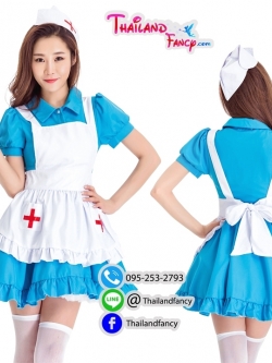 ชุดแฟนซีแม่บ้าน ชุดแม่บ้านคอสเพลย์ ชุดเมดญี่ปุ่น Maid Cosplay ชุดเมดโลลิต้า เมดพยาบาล แม่บ้านพยาบาล เดรสฟ้าผ้ากันเปื้อนขาว