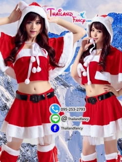 ชุดคริสต์มาสผู้หญิง ชุดซานตี้ผู้หญิง ชุดคอสเพลย์แซนตี้ ชุดซานตารีน่า ชุดแฟนซีปาร์ตี้ปีใหม่ ชุดแซนตี้เกาะอก กระโปรงบาน พร้อมผ้าคลุมฮู้ทหูหมี