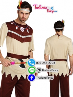 ชุดแฟนซีอินเดียแดงชาย ชุดยิปซี ชุดคนป่า ชุดชนเผ่าผู้ชาย ชุดหนุ่มอินเดียแดงเสื้อสีครีมกางเกงน้ำตาลขายาว