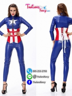 ชุดแฟนซีกัปตันอเมริกาผู้หญิง ชุดการ์ตูน ชุดซุปเปอร์ฮีโร่หญิง Captain America Girl Costume ชุดกัปตันหนังเทียมสีน้ำเงิน