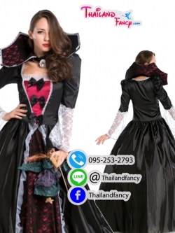 ชุดเช่าแฟนซีผู้หญิง ชุดเช่าแม่มดผู้หญิง ชุดนักเวทย์ผูหญิง ชุดแวมไพร์ฮาโลวีน ชุดซอมบี้ ชุดผีดิบดูดเลือด ชุดราชินีแวมไพร์ เดรสดำแดงปกคอตั้ง
