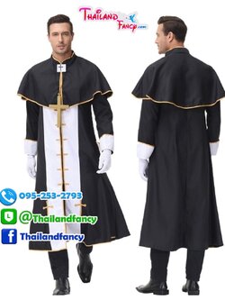 ชุดแฟนซีผู้ชาย ชุดคอสเพลย์นักบวช Priest Cosplay ชุดฮาโลวีน2022 ชุดนักบวชคริสต์ ชุดบาทหลวงสีดำแต่งแถบขาว