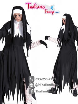 ชุดแฟนซีแม่ชีคริสต์ ชุดนักบวชผี ชุดซิสเตอร์บาทหลวง ชุดเดอะนันผี ชุดแม่ชีผี ชุดซอมบี้แม่ชีฝรั่ง ขาวดำปลายรุ่ย พร้อมผ้าคลุมศีรษะ
