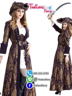 ชุดเช่าแฟนซีผู้หญิง ชุดโจรสลัด แจ็ค สแปร์โรว์หญิง Pirate Cosplay ชุดคลุมโจรสลัด ชุดเช่าโจรสลัดสาวผ้าลูกฟูกสีน้ำตาล-ม่วง