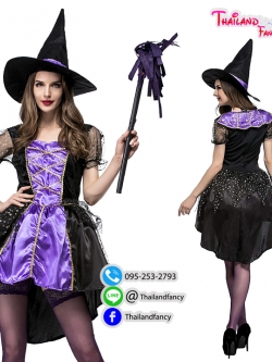 ชุดแฟนซีแม่มด ชุดคอสเพลย์นักเวทย์ ชุดแม่มด ชุดซอมบี้ผีแม่มด ชุดฮาโลวีน แม่มดสีม่วงดำแต่งขลิบทอง พร้อมหมวกแม่มด