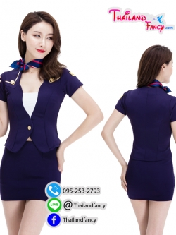 ชุดคอสเพลย์ ชุดแฟนซี Fancy ชุดแอร์โฮสเตส ชุดยูนิฟอร์ม ชุดสาว Airhostess แอร์สีน้ำเงินกรมท่ากระดุมเดี่ยวพร้อมผ้าพันคอ
