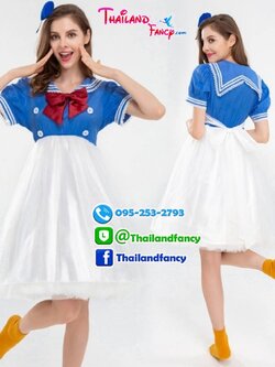 ชุดแฟนซีกะลาสีผู้ใหญ่ ชุดการ์ตูนวอลต์ดิสนีย์ Donald Duck & Daisy Duck Cosplay ชุดทหารเรือโดนัลดั๊ก ชุดเดซี่ดั๊กกระโปรงเอี๊ยมขาวผู้หญิง เสื้อปกทหารเรือ